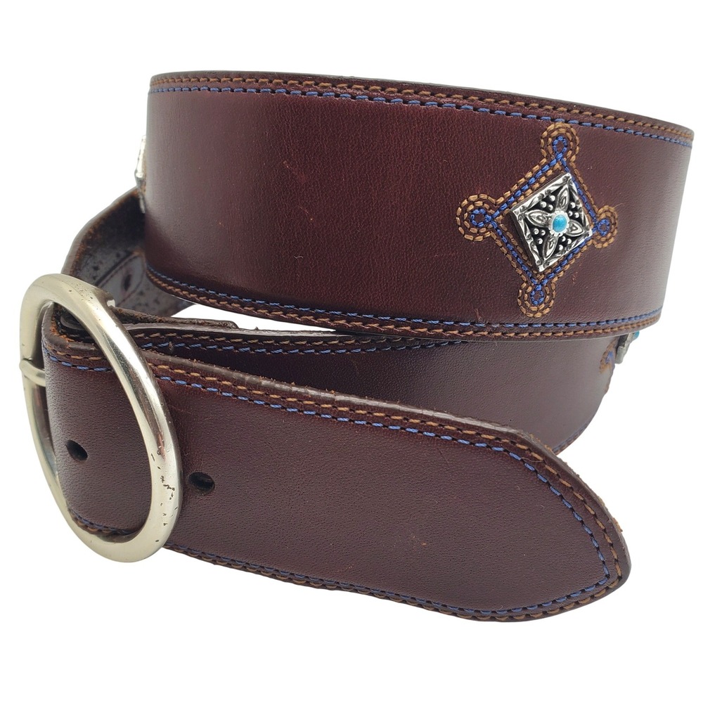 Brighton Leather Belt Brown Silver Tone Concho Buckle Western Cowgirl L 34 Wide